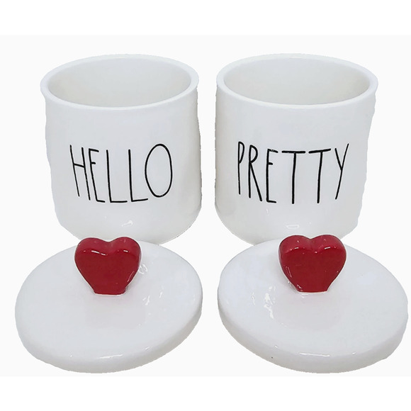 Rae Dunn Hello Pretty 2 Small Canister With Red Heart Knob - Picture 1 of 5